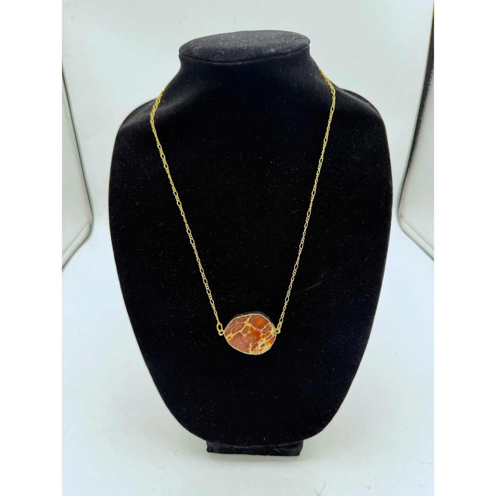 Statement Necklace Gold Chain Brown Jasper Stone Pendant Women's Jewelry